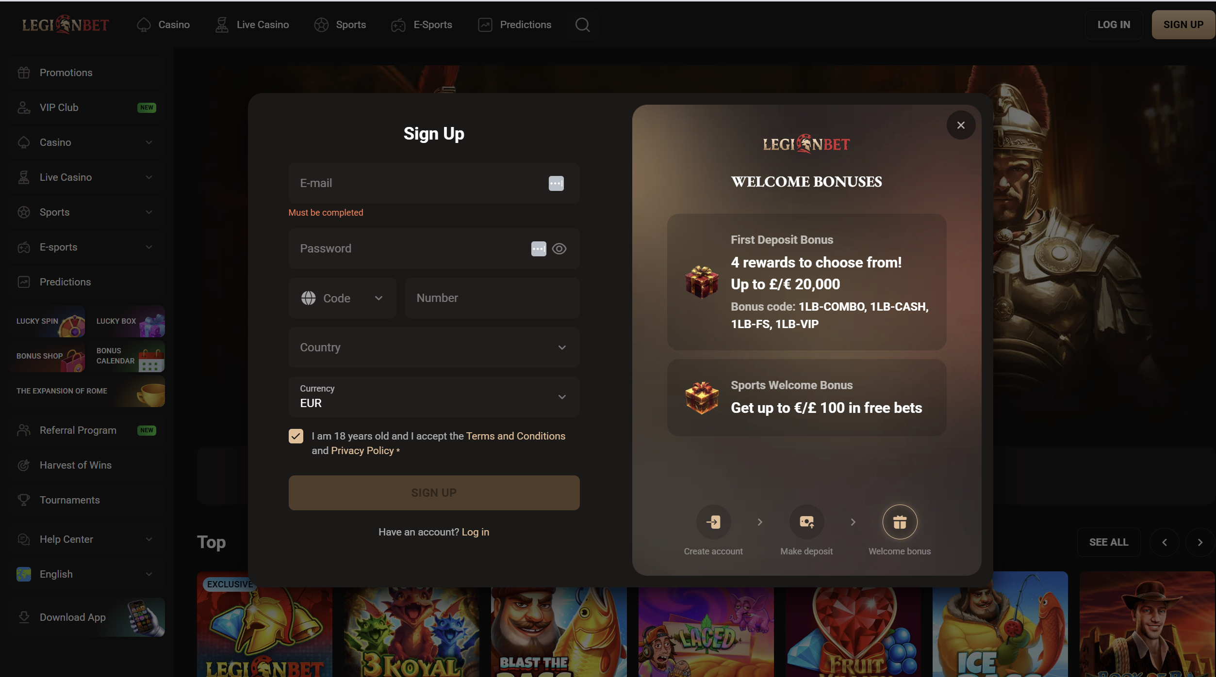 Legionbet Casino Registration