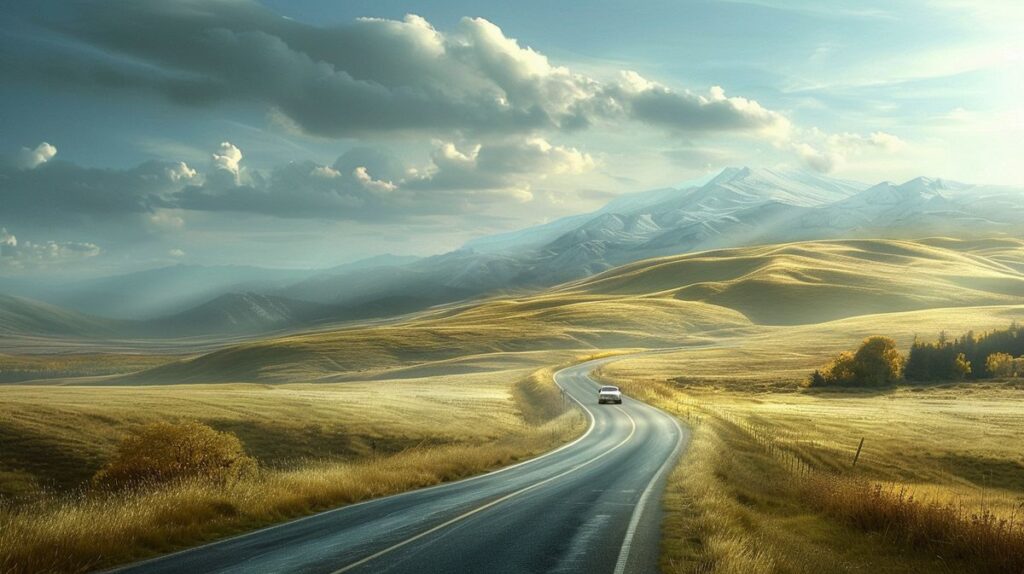 Traumdeutung Auto fährt alleine auf einer leeren Straße in einer malerischen Landschaft