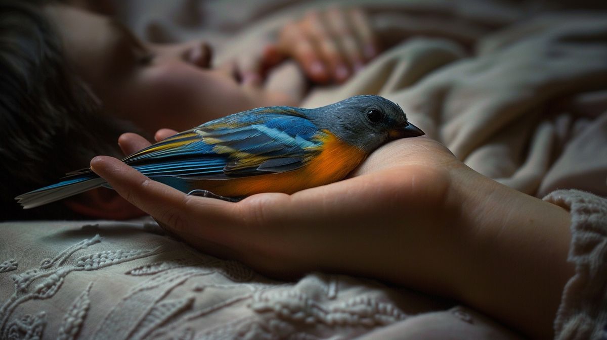 Frau hält sanft einen kleinen Vogel in der Hand, Konzept für Traumdeutung Vogel in der Hand