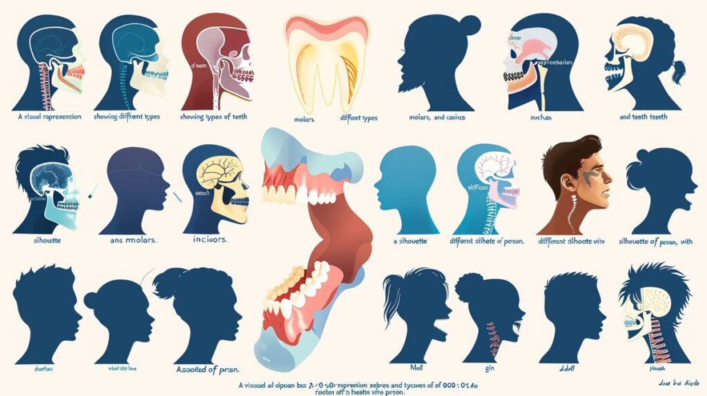 Welcher Zahn steht für welche Person in der Traumdeutung: Symbolische Darstellung verschiedener Zähne und ihre Bedeutungen in einem farbenfrohen Diagramm